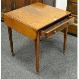 A mahogany drop leaf occasional table, drawer to frieze, drop handles, faux drawer to verso,