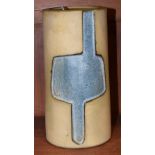 Tolcarne Pottery, a cylindrical studio pottery vase, incised with a blue geometrical motif,