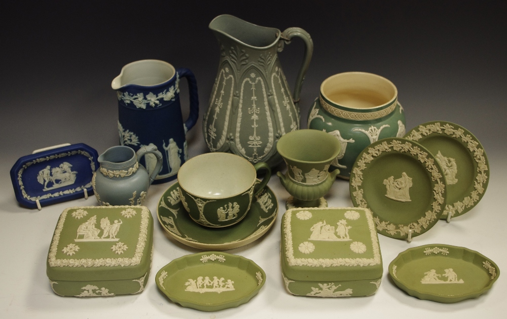 Wedgwood Jasperware, green and blue - two jugs; teacup and saucer; pin dishes, pot and cover etc.