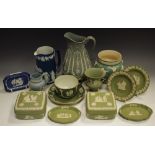 Wedgwood Jasperware, green and blue - two jugs; teacup and saucer; pin dishes, pot and cover etc.