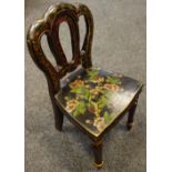 A Victorian lacquer doll's chair, the seat painted with birds amongst blossom,