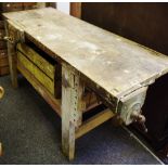 Industrial Salvage - a planked work bench fixed with vices, length 162cm (not including vice),