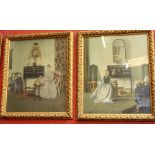 A pair of framed prints, drawing room scenes, gilt gesso frames,