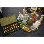 A Chinese chess set in a green lacquer box,