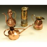 Metalware - an Eccles Type 6 colliery miners lamp; copper and brass jug; another;
