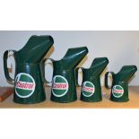 A graduated set of four reproduction metal oil jugs, advertising Castrol, the largest 27.