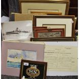 A portfolio of 20th century watercolours; two Art Deco mirrors;