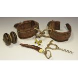 Pit pony manacles; Tibetan bell; 3 bottle openers,