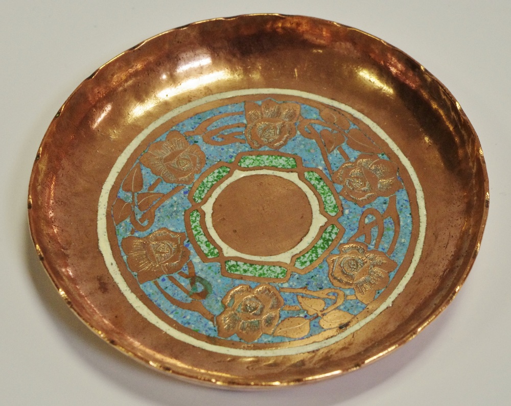 An Arts and Crafts copper and champleve enamel dish