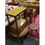 A priory style oak side table; a 1940's oak sewing table; an oak spinning chair;