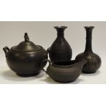 A Wedgwood black basalt two handled sugar bowl, with weeping widow finial, 12.