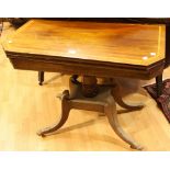 A Regency mahogany card table, crossbanded top enclosing a baize lined playing surface,