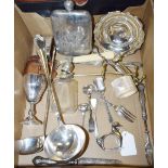 Metalware - a silver cake fork; a silver mustard spoon; a pewter hip flask,