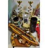 A wooden loom shuttle; a treen horseshoe crumb tray; a Leach Pottery cylindrical vase;