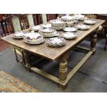 An early 19th century oak country kitchen table, plank top,