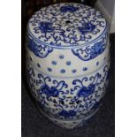 A Chinese inspired blue and white barrel/conservatory seat