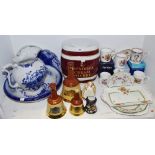 Ceramics - Wade Bells whisky bottles; a blue and white wash jug and bowl; Sherry barrel;