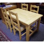 A modern oak plank top kitchen dining table, four ladder back chairs , rush seats,