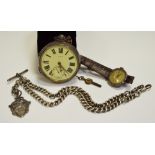 A large silver open face pocket watch; a silver wristwatch; a silver double Albert chain and fob,