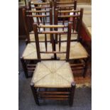 Six spindle back oak country kitchen dining chairs, rush set,