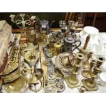 Metalware - brass ejector candlesticks, horse brasses,