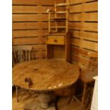 A pair of contemporary bar stools; A Farmhouse pine kitchen table, near-circular top,