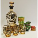 A Venetian silver overlay decanter and glasses;