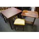 A painted pine and ply kitchen table, chamfered legs, approx 74cm square; a late Victorian stool,