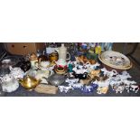 A stoneware pancheon mixing bowl; another a selection of assorted teapots, Staffordshire, pewter,