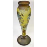 A Galle type tall slender tapering cylindrical vase, carved with white blossom and foliage,