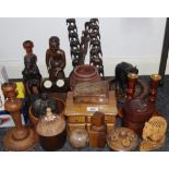 Treen - a pair of African carved hardwood towers of graduated elephants;