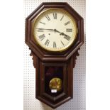 A late 19th century American Ansonia wall clock, cream dial, Roman numerals, twin winding holes,