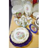 A German porcelain three branch candle scone; a jardiniere; a pair of candlesticks; an inkwell;