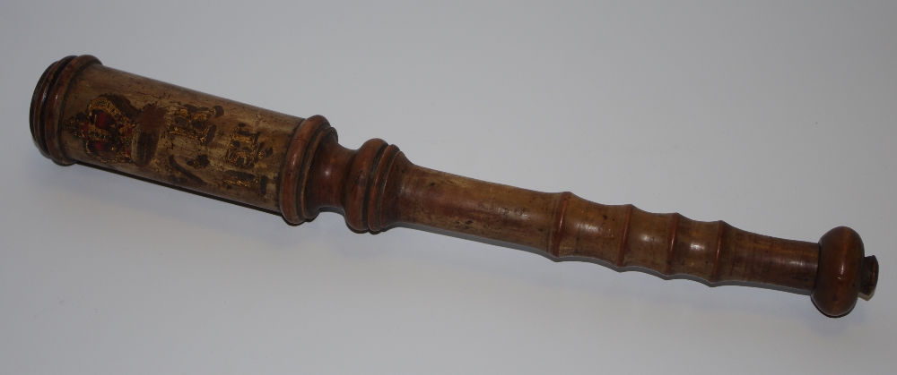 A Victorian turned wood tipstaff/truncheon, painted with crown and V.R.