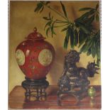 Kate Lucas Chinese Vase & Kylin oil on canvas unframed 61 x 51cms