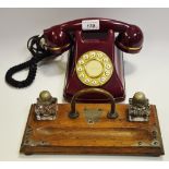 A 19th century oak standish with two inkwells, c.