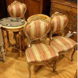 A set of three Louis XV design giltwood side chairs; A contemporary pine side/writing table,