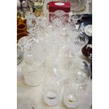 Glassware - a set of four Stuart champagne glasses; other cut glass, decanters, candlesticks,