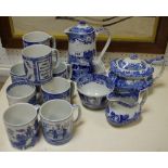 A Spode Italian pattern teapot, hot water jug, nine mugs,