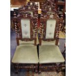 A set of six Victorian Jacobean Revival oak dining chairs, oak leaf carved, cresting rail,