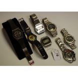 A collection of gentlemen's black faced wristwatches, including Sekonda, Pulsar Quartz,