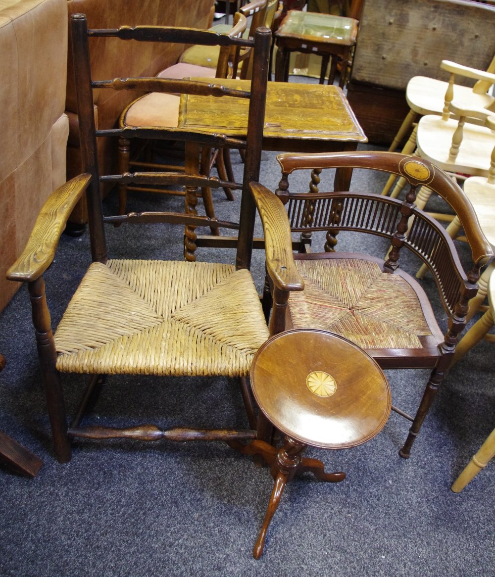 A Sheraton Revival mahogany lamp table; early 20th century oak barley twist occasional table;