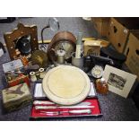 Boxes and Objects - Art Deco oak mantel clock; opera glasses; metalware; advertisement tins;