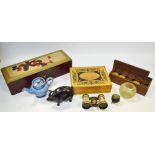 Boxes and Objects - an Irish bog oak cauldron pin cushion; a pair of opera glasses;