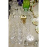 A cut glass decanter and six liqueur tots; other assorted cut glass,