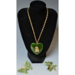 Jewellery - a green stone, possibly jade, heart pendant, with applied RL initials,