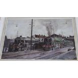 E Taylor Locos at Willesden signed, oil on board,