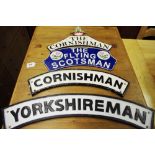 A set of four reproduction cast metal train plaques, The Cornishman, The Yorkshireman,