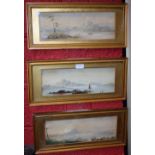 Continental School A set of three, Lake Scenes, Oriental Boats before mountains unsigned,