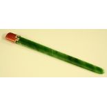 An Art Deco diamond mounted enamel handled jadeite paper knife,